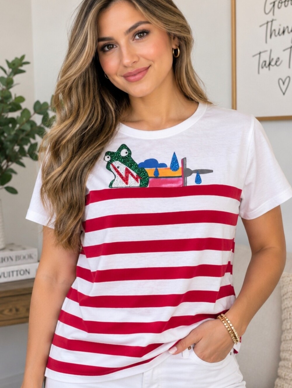 Marc Jacobs Women’s XL 16 Striped Frog Graphic T-Shirt White Red Short SKU308